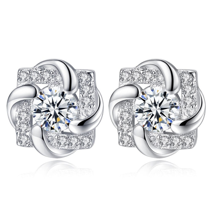 925 Sterling Silver Square Flower Cubic Zirconia Stud Earring