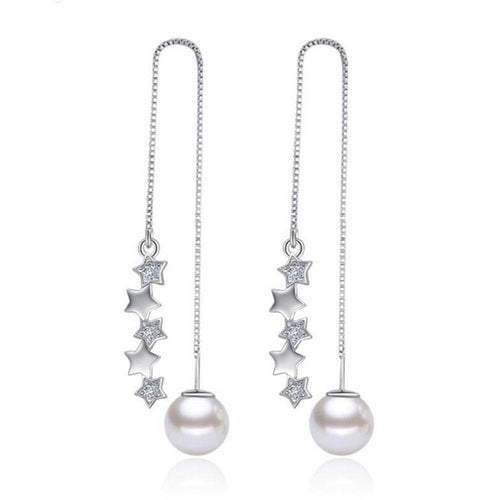 925 Sterling Silver 5 pcs Star Zircon Simulated Pearl Long Tassel Drop Earring