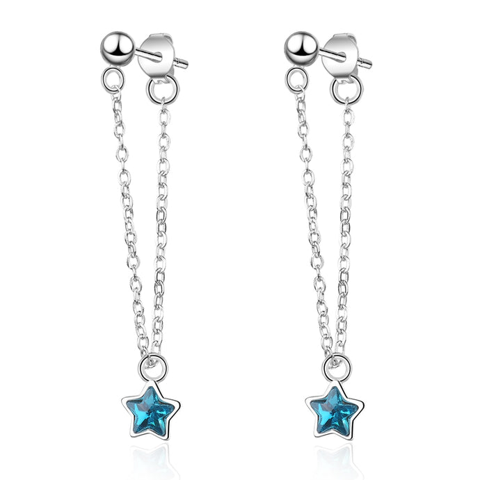 925 Sterling Silver Blue Crystal Star Tassel Drop Earring